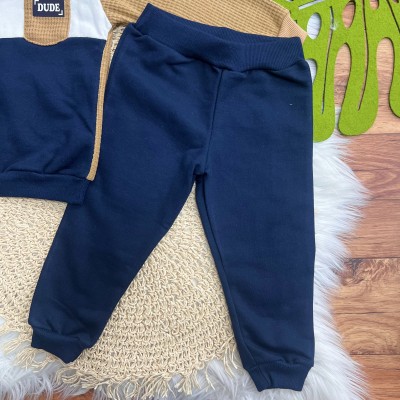 Conj. Casaco Dude com Bolsinho e Calça de Moletom - Marinho e Caramelo